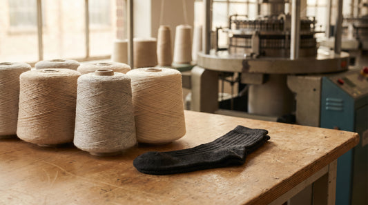 Cones of premium yarn beside a finished folded dress sock