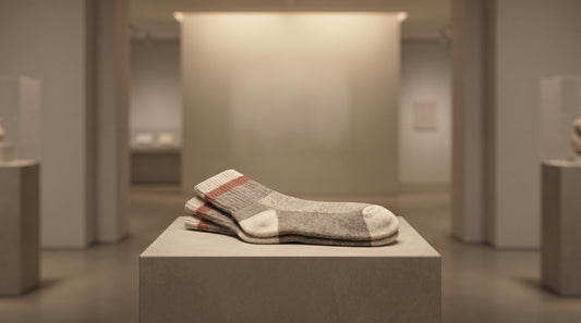 Refined premium custom socks displayed on a minimalist museum-style pedestal