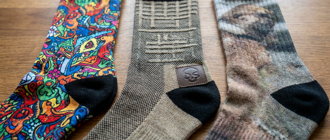 Printed socks for brands comparing sublimation, knit-in, and DTG printing methods