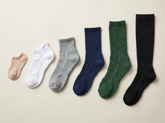 Types of socks guide showing different sock lengths and styles including crew socks, ankle socks, no-show socks, and dress socks for men and women
