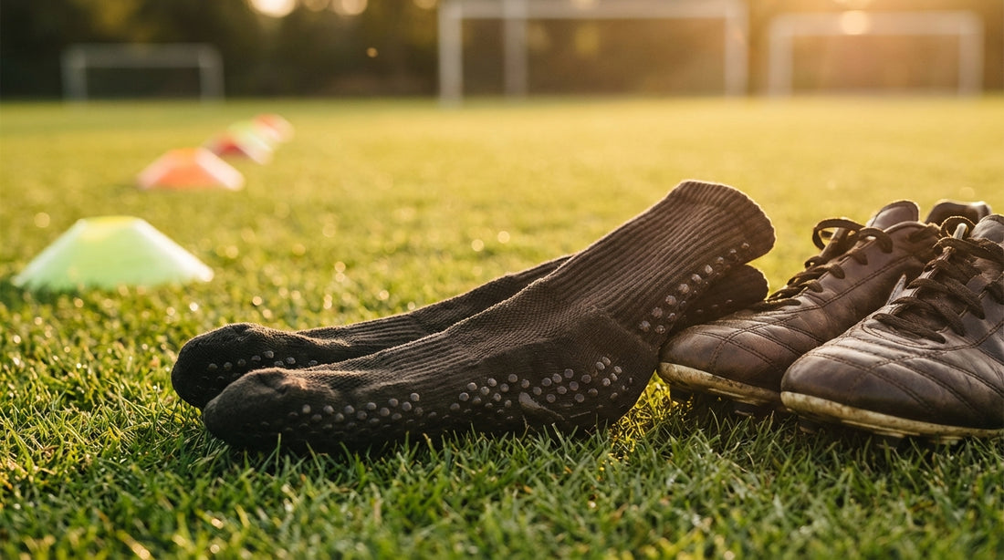 Athletic grip socks next to football cleats on a grass pitch, performance training aesthetic