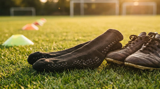 Athletic grip socks next to football cleats on a grass pitch, performance training aesthetic
