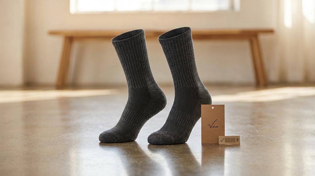 Grip socks standing upright on a polished studio floor with a subtle price tag and checkmark, value proposition concept
