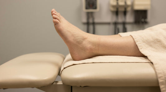 Close-up of a leg showing subtle sock line indentation marks on a neutral background