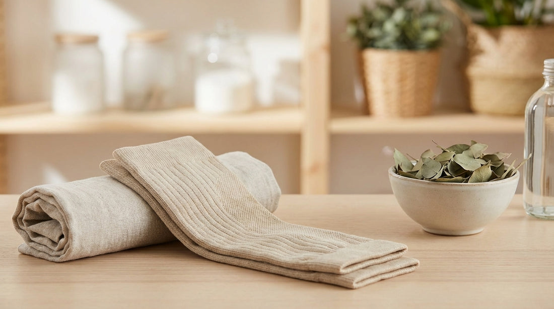 Bamboo fiber compression socks in natural tones showing graduated knit pattern