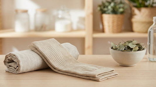 Bamboo fiber compression socks in natural tones showing graduated knit pattern