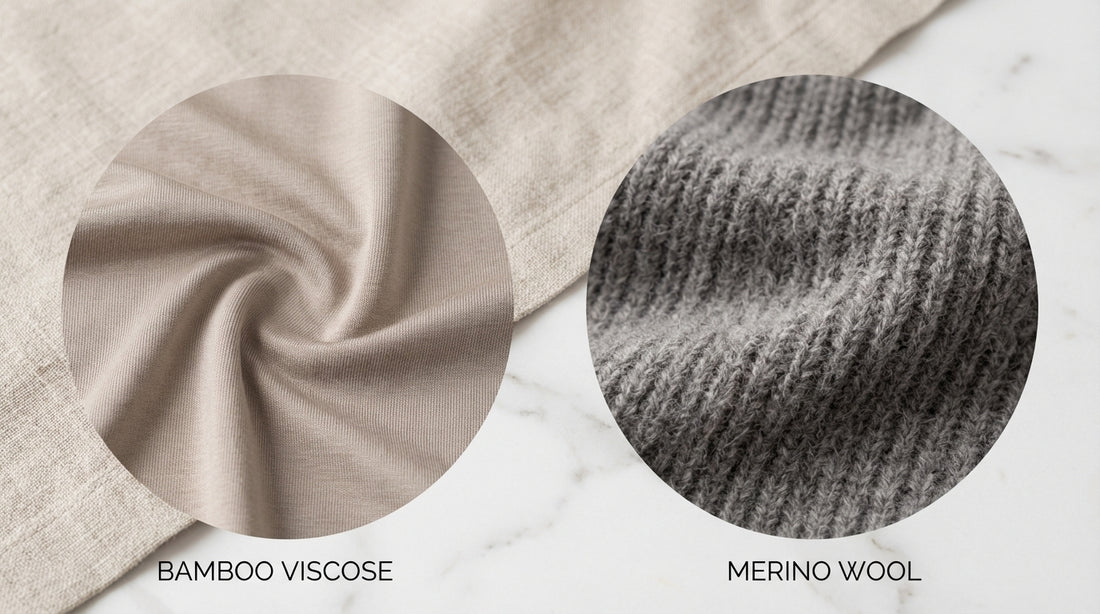 Split comparison of bamboo viscose and merino wool sock fibers showing texture and weave differences on a neutral linen background