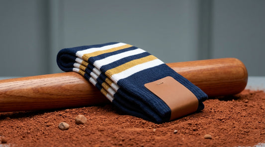 Custom baseball stirrup socks in team colors laid across a baseball bat on red clay