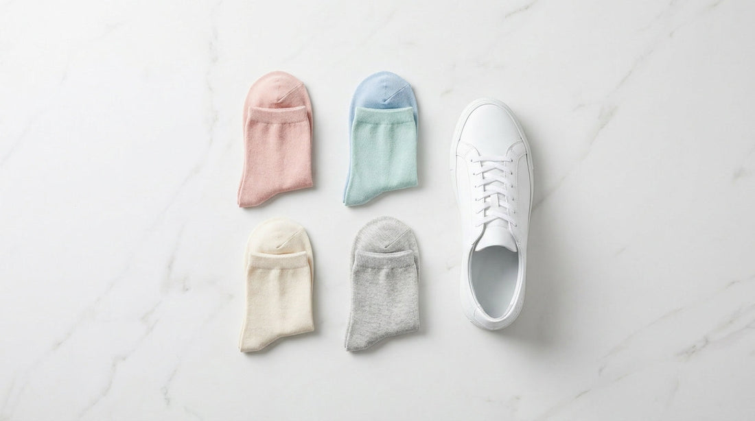 Five pairs of women's ankle socks in soft pastels and neutrals laid out in a clean grid on white marble beside a single white sneaker