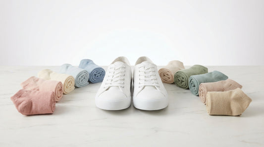 Womens ankle socks in soft neutrals and pastels arranged around white canvas sneakers