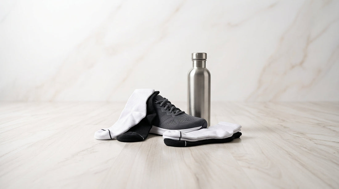 Performance athletic socks in white and black arranged around running shoes on a gym floor