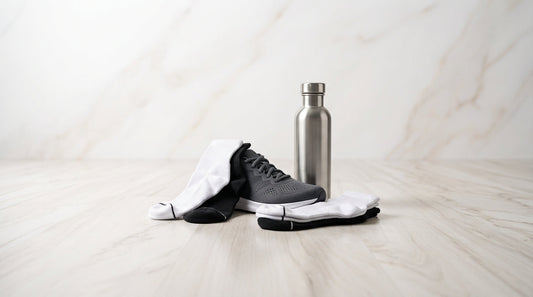 Performance athletic socks in white and black arranged around running shoes on a gym floor
