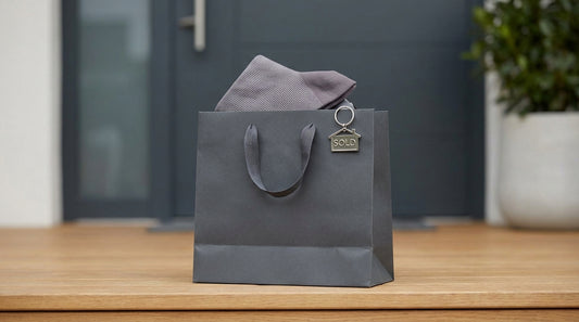 Gift bag with custom socks and a sold sign keychain on a front doorstep
