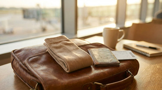 Travel compression socks laid next to a passport and boarding pass on a leather travel case