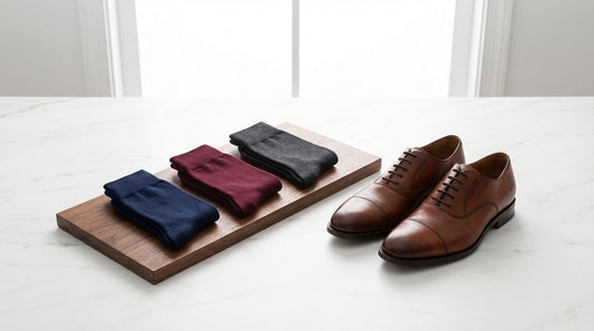 Three pairs of premium dress socks in navy burgundy and charcoal laid on polished dark wood