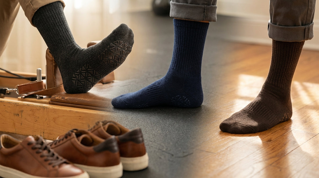 Close-up of men's grip socks with silicone tread patterns on a reformer Pilates carriage, gym mat, and hardwood floor