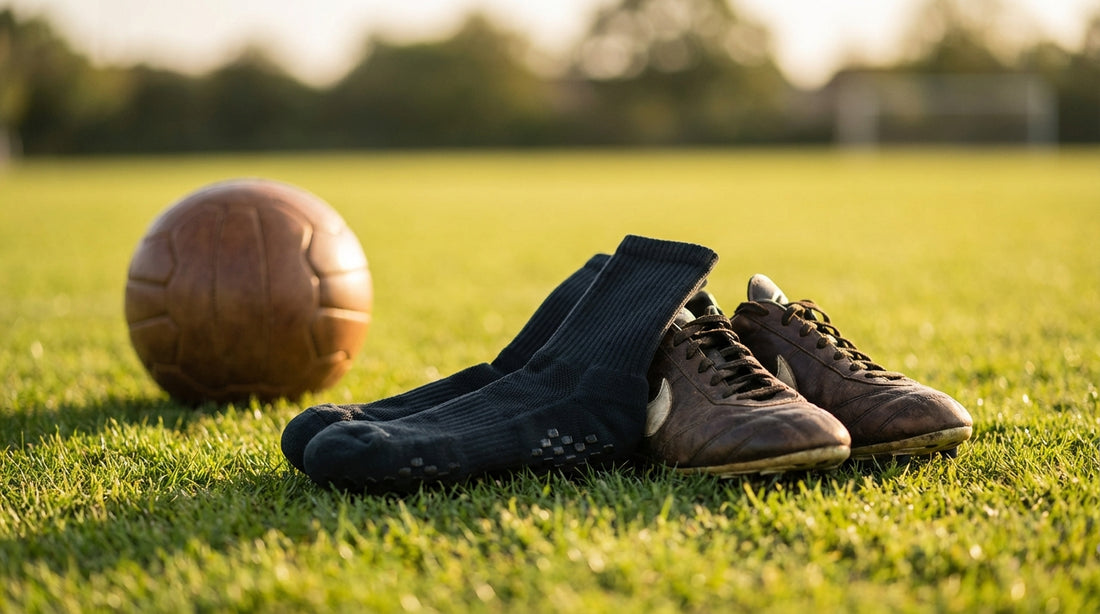 Performance grip socks cut at mid-calf next to soccer cleats on a grass pitch with a football nearby