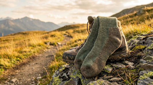 Merino wool hiking socks draped over a weathered hiking boot on a rocky trail surface
