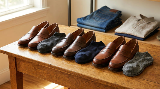A neat row of premium men's no-show socks paired with brown leather penny loafers on a warm wooden surface in soft natural light