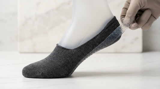 No-show sock with visible silicone heel grip being demonstrated on a foot form