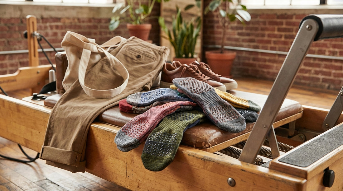 Colorful pilates grip socks arranged on a reformer carriage with silicone grip patterns visible on the soles