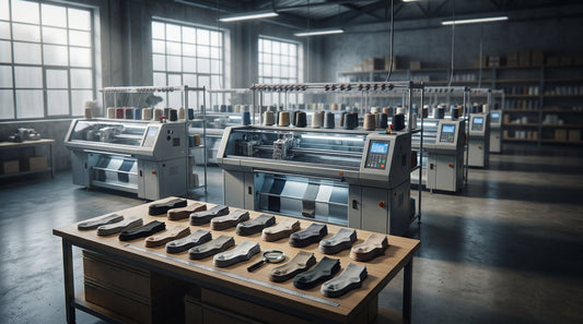 Private label sock manufacturer production facility showing Italian knitting machines and finished sock samples on a quality control table