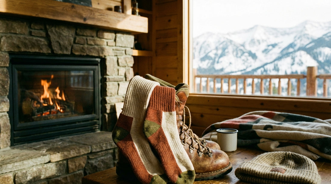 Merino wool ski socks draped over a ski boot in a snowy lodge setting