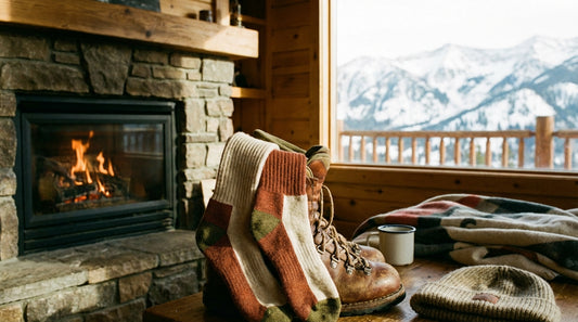 Merino wool ski socks draped over a ski boot in a snowy lodge setting