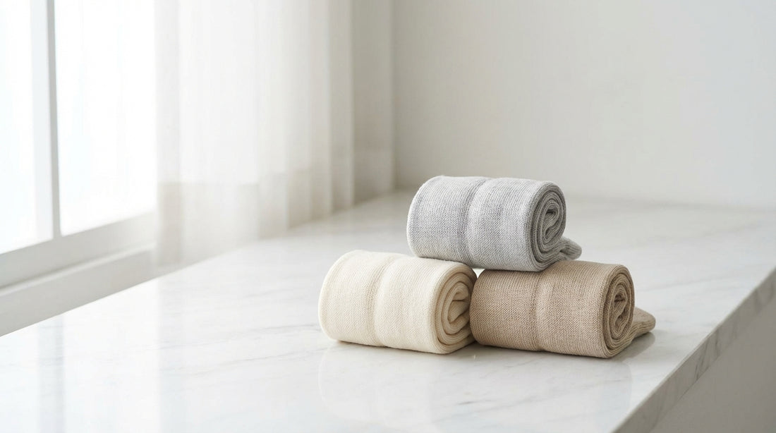Soft seamless diabetic-style socks arranged on a clean white surface with gentle natural window light