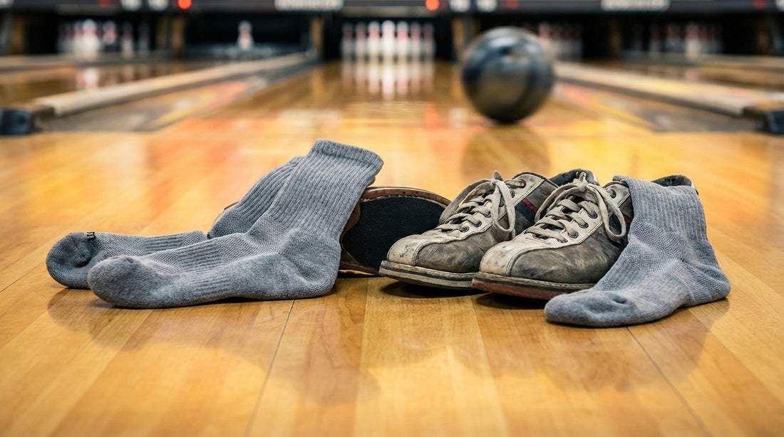 Athletic socks next to bowling shoes on a polished lane surface
