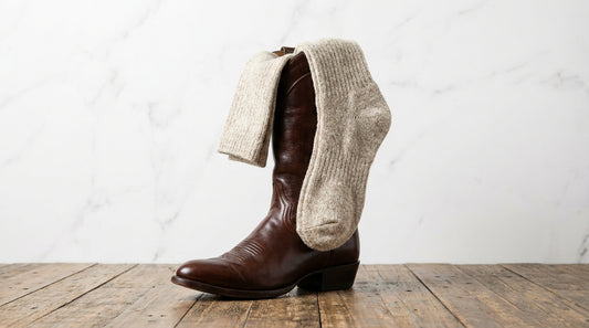 Heavy merino wool over-the-calf socks draped across the shaft of a new leather cowboy boot on a worn wooden floor