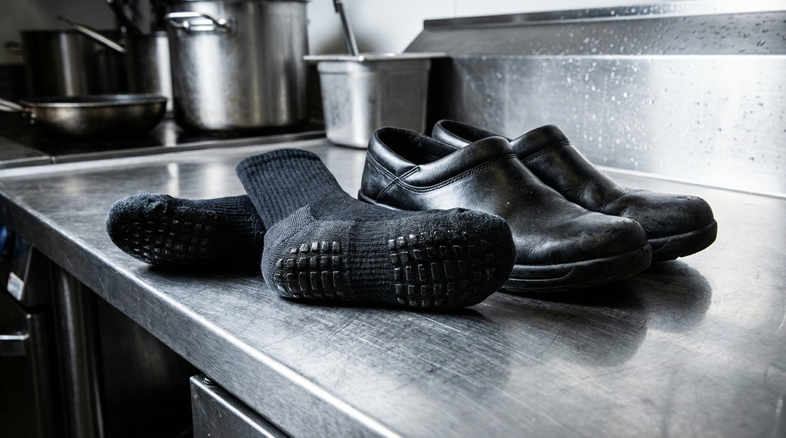 Non-slip kitchen socks laid next to chef clogs on a stainless steel kitchen surface
