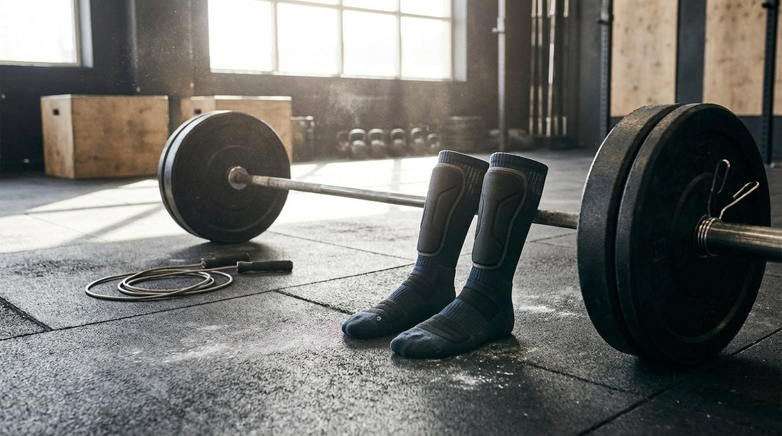 Athletic crew socks with shin protection next to a barbell and jump rope on a CrossFit gym floor