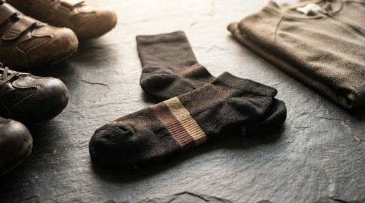 Close-up of moisture-wicking cycling socks with compression bands laid out on slate background