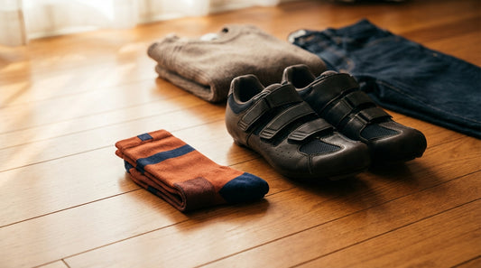 Athletic performance cycling socks neatly paired beside cycling shoes on a polished wood floor with soft side light