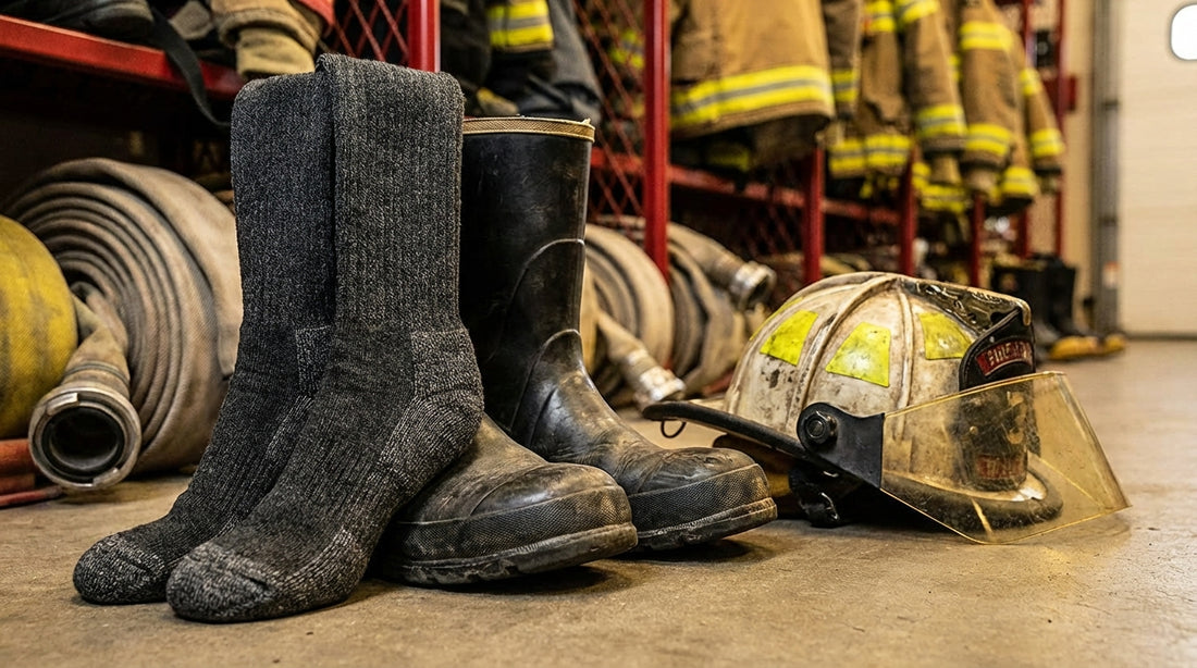 Heavy-duty merino wool over-the-calf socks next to bunker boots and firefighter helmet