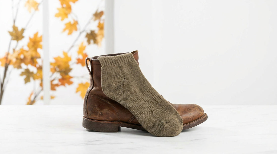 Best socks for hunting guide featuring merino wool hunting sock on worn leather boot in autumn woods