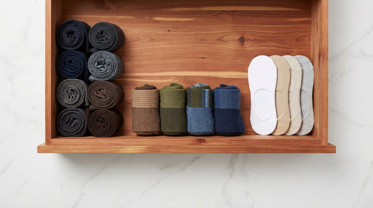 Curated sock drawer arrangement showing dress socks casual crews and no-shows organized by color