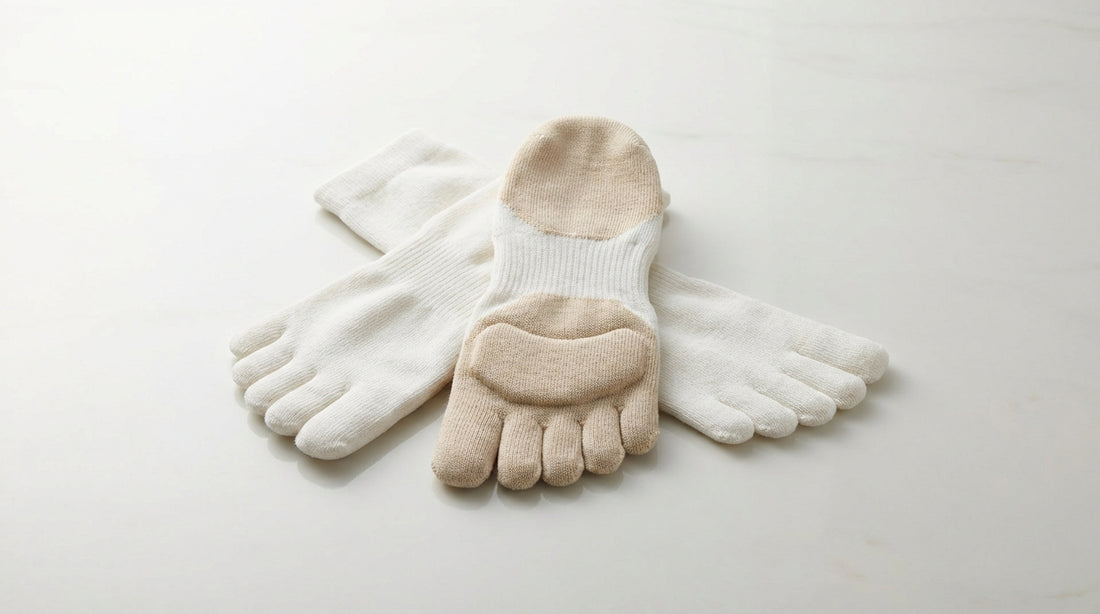 Ultra-cushioned seamless toe socks in white and beige showing metatarsal padding zone on a clean clinical surface
