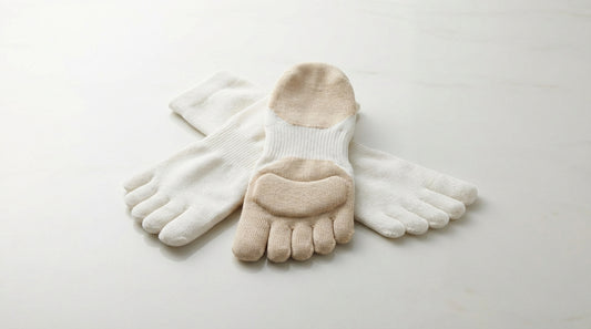 Ultra-cushioned seamless toe socks in white and beige showing metatarsal padding zone on a clean clinical surface