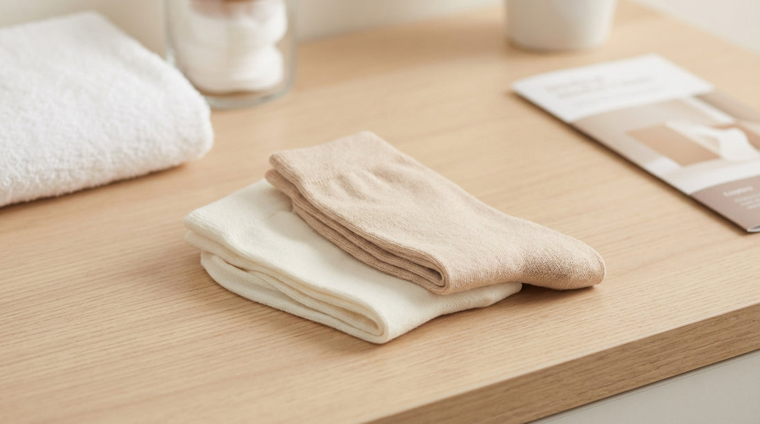 Ultra-soft seamless socks in white and beige with visible smooth interior for sensitive feet