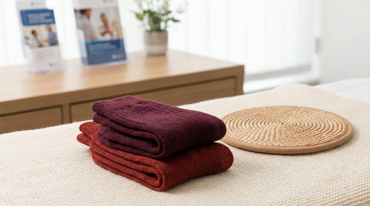 Warm merino wool socks in deep red tones on a soft surface for warmth and circulation