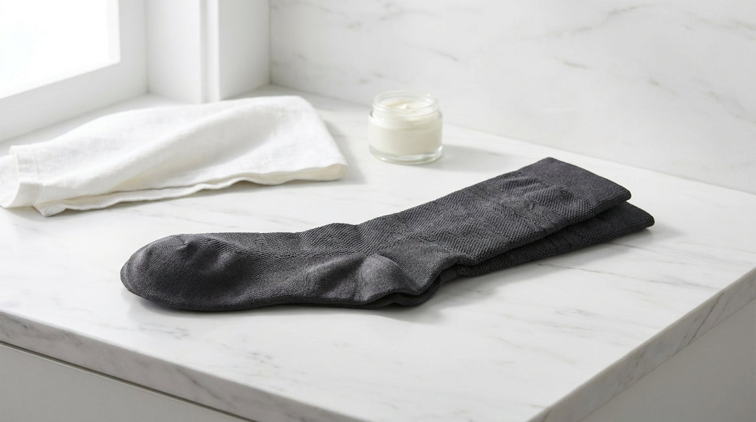 Premium graduated compression socks for varicose vein relief displayed on a clean marble surface