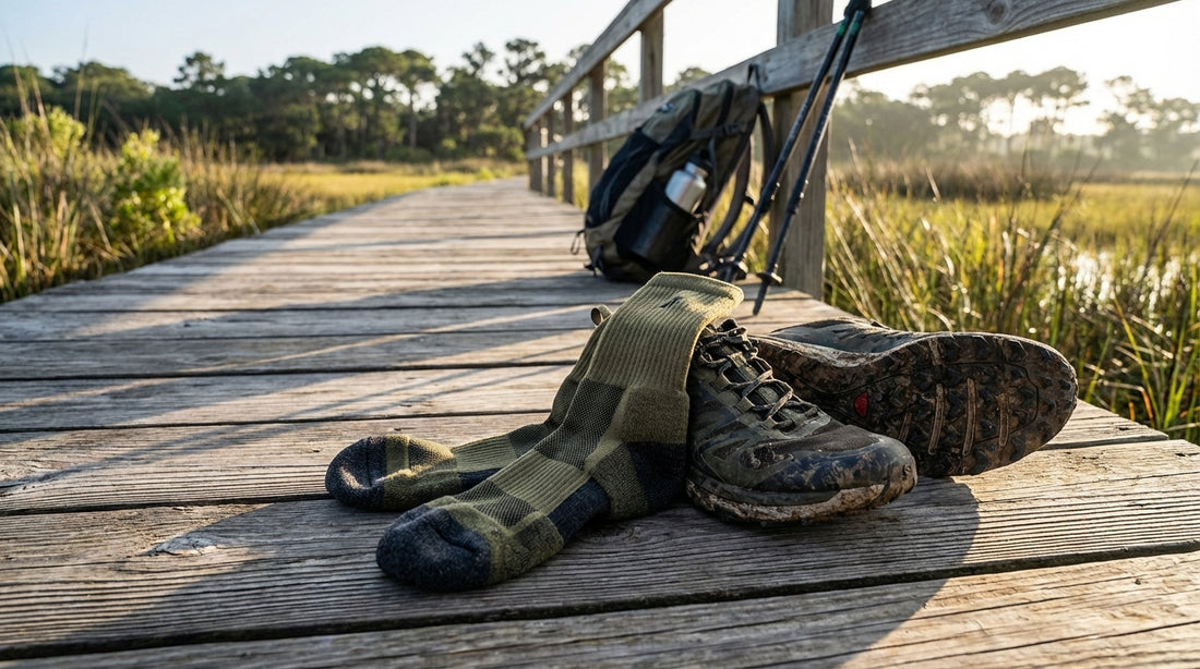 Walking socks with cushioned soles laid next to trail shoes on a boardwalk path