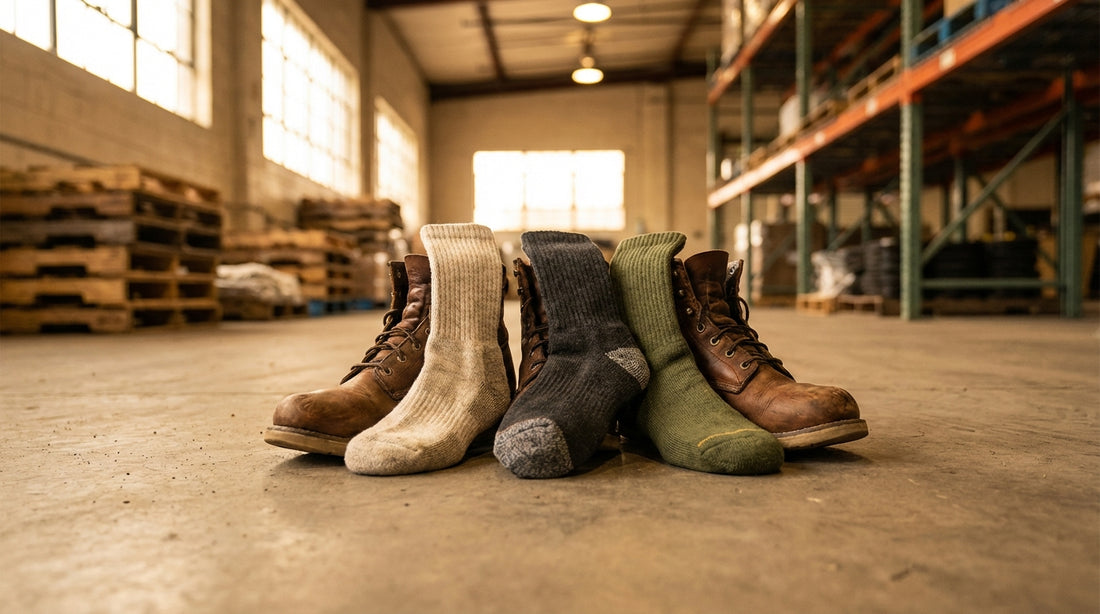 Durable work boots and cushioned crew socks arranged on a concrete warehouse floor with warm industrial lighting