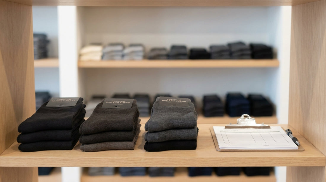 Neatly folded premium bamboo dress socks displayed on a retail shelf beside a wholesale order clipboard