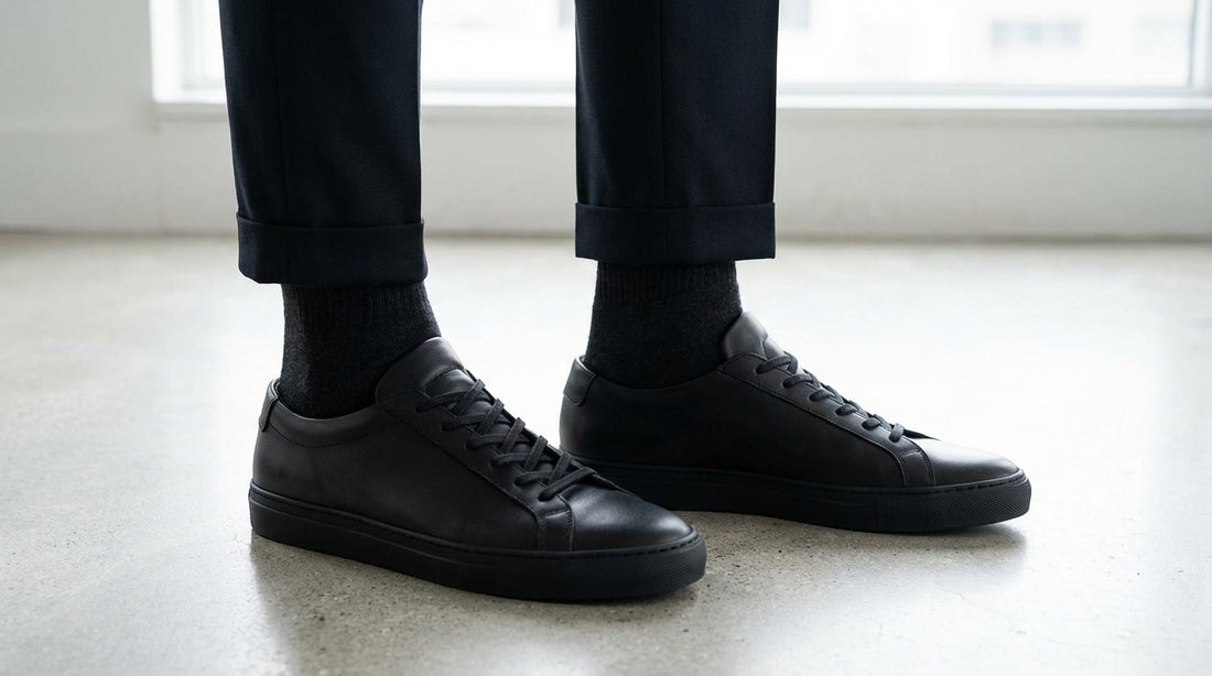 Black ankle socks paired with black leather sneakers on a clean floor minimalist style
