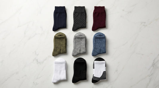 DeadSoxy sock collection overview showing dress socks casual socks and athletic socks in an inviting grid