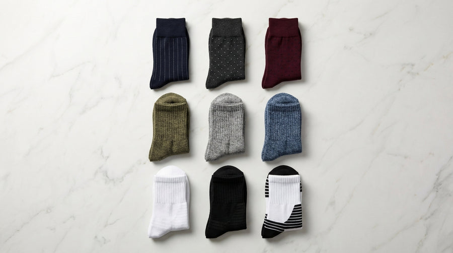 DeadSoxy sock collection overview showing dress socks casual socks and athletic socks in an inviting grid