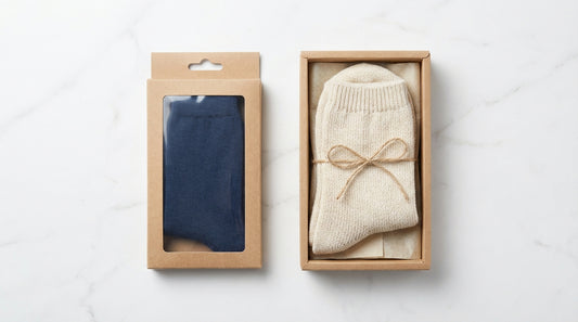 Two sock pairs side by side showing retail packaged versus custom manufactured quality comparison